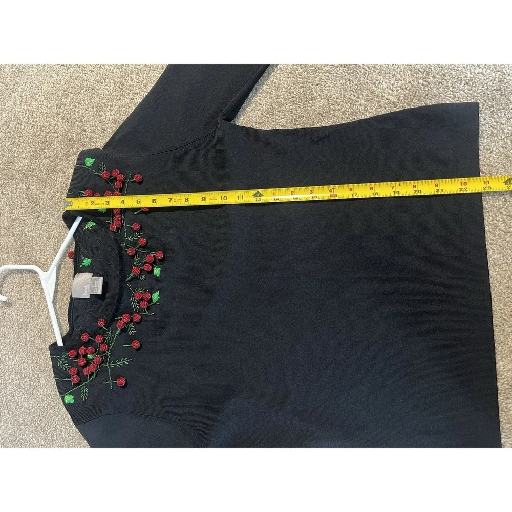 VTG Berek 3D Red Green Beaded Holly Berries Knit Flare Sleeve Sweater Size Large